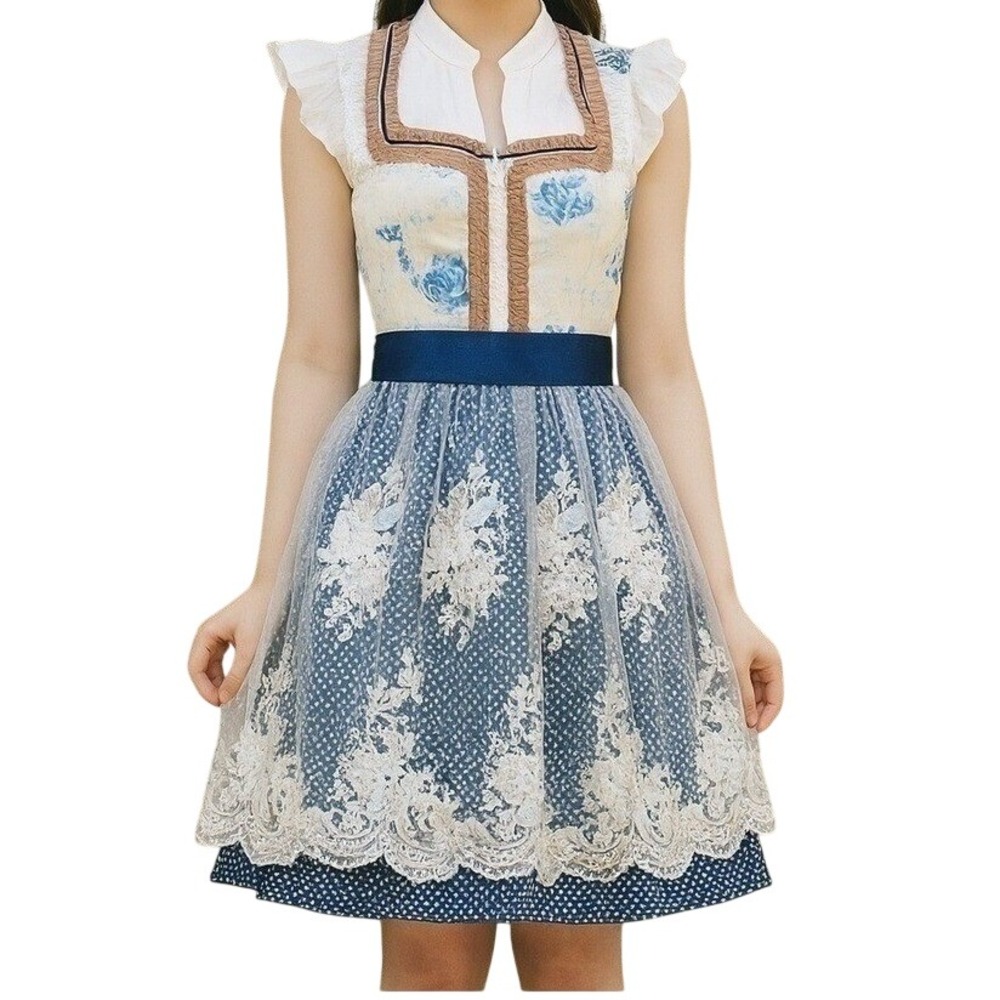 New XS Oktoberfest Blue Floral Lace Dirndl Dress Bavarian German Trachten